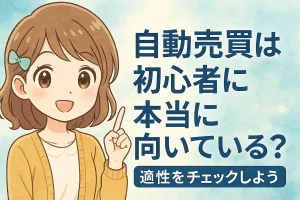 FXの自動売買は初心者に本当に向いている？適性をチェックしようの記事のアイキャッチ。可愛い女性のイラスト付き
