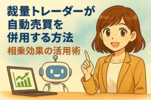 裁量トレーダーがFXの自動売買を併用する方法｜相乗効果の活用術の記事のアイキャッチ。可愛い女性とロボットのイラスト付き