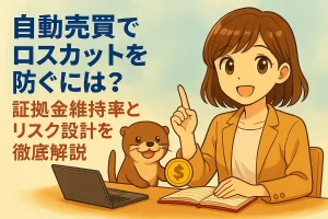 FXの自動売買でロスカットを防ぐには？証拠金維持率とリスク設計を徹底解説の記事のアイキャッチ。可愛い女性とカワウソのイラスト付き