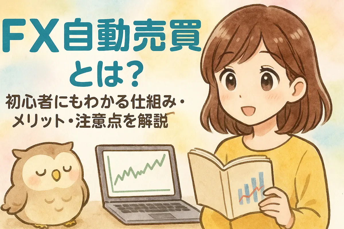 FXの自動売買とは？初心者にもわかる仕組み・メリット・注意点を解説の記事のアイキャッチ。可愛い女性と梟のイラスト付き
