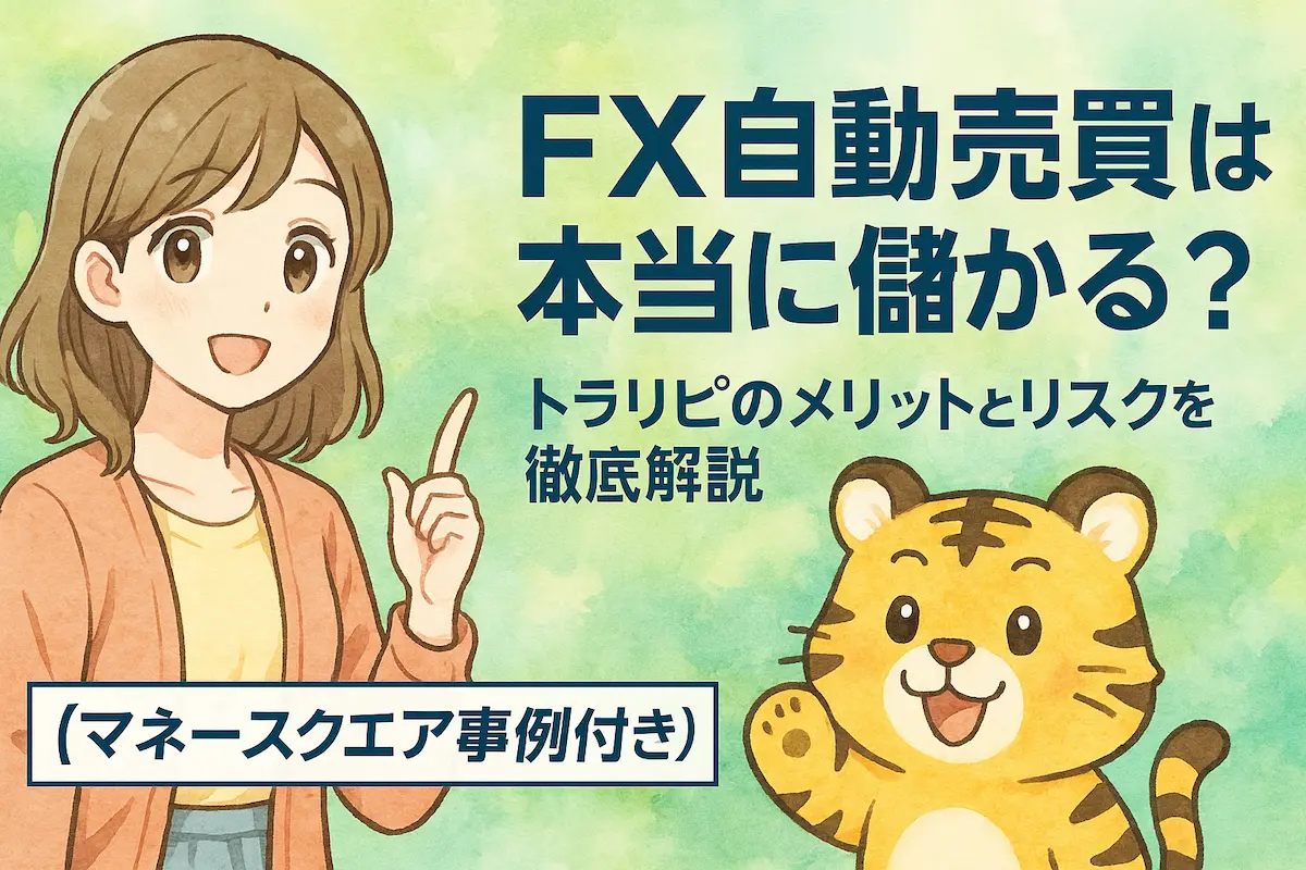 FX自動売買は本当に儲かる？トラリピのメリットとリスクを徹底解説【マネースクエア事例付き】の記事のアイキャッチ。可愛い女性とトラのイラスト付き