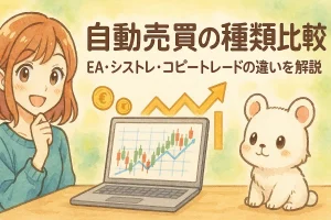 FXの自動売買の種類比較｜EA・シストレ・コピートレードの違いを解説の記事のアイキャッチ。可愛い女性と子熊のイラスト付き