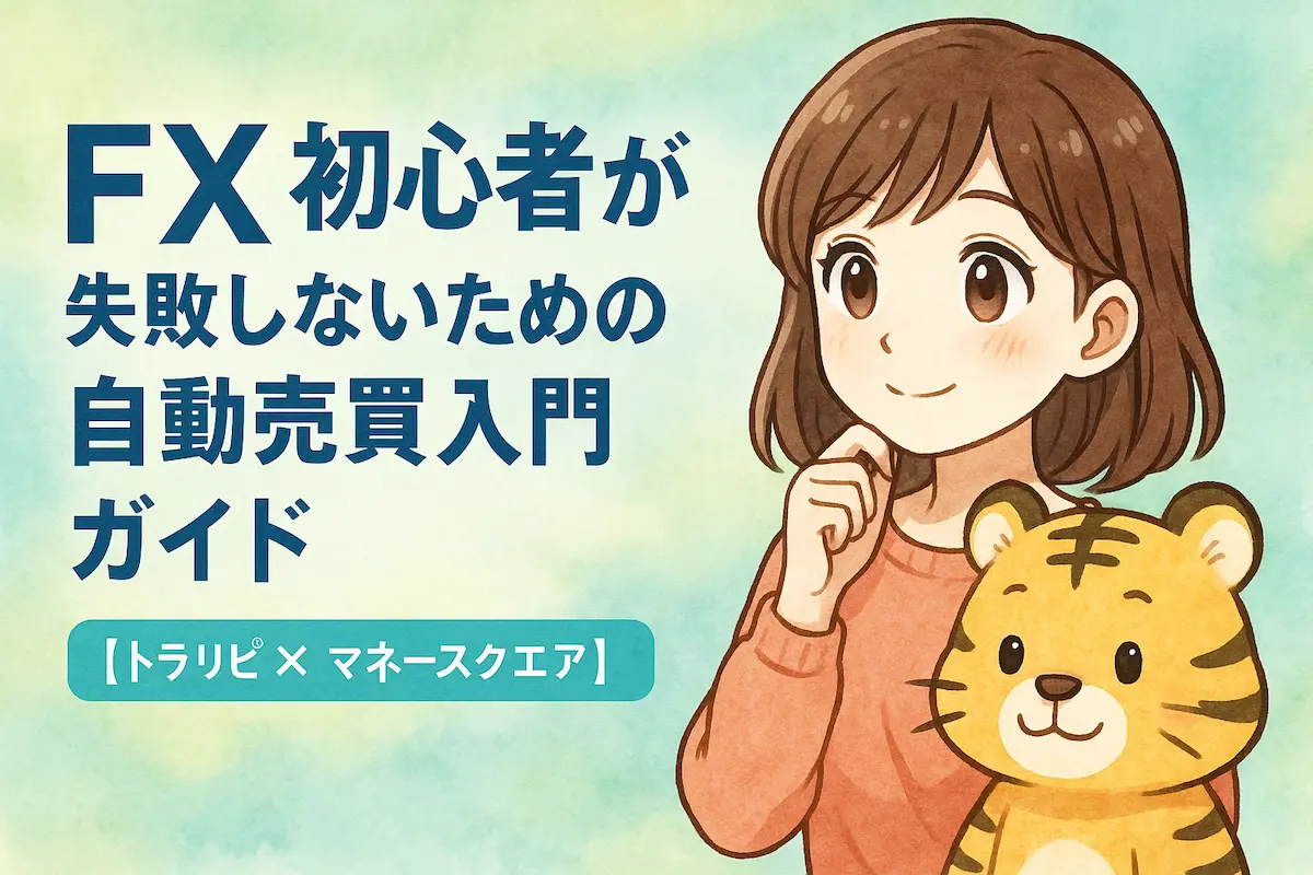 FX初心者が失敗しないための自動売買入門ガイド【トラリピ × マネースクエア】の記事のアイキャッチ。可愛い女性とトラのイラスト付き