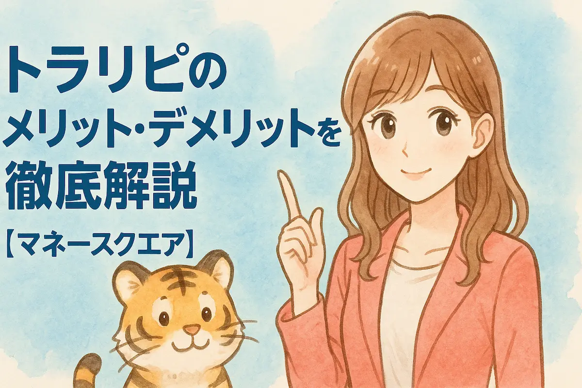 トラリピのメリット・デメリットを徹底解説【マネースクエア】の記事のアイキャッチ。可愛い女性とトラのイラスト付き