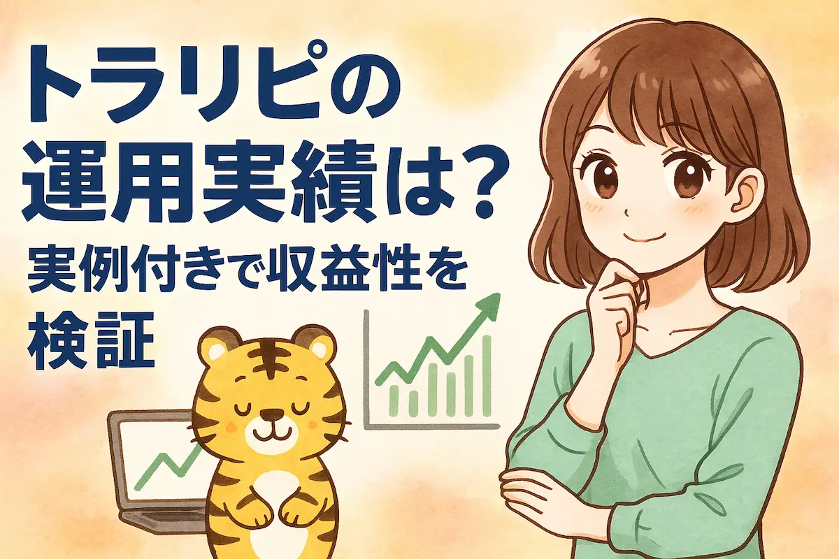 トラリピの運用実績は？実例付きで収益性を検証【マネースクエア】の記事のアイキャッチ。可愛い女性とトラのイラスト付き