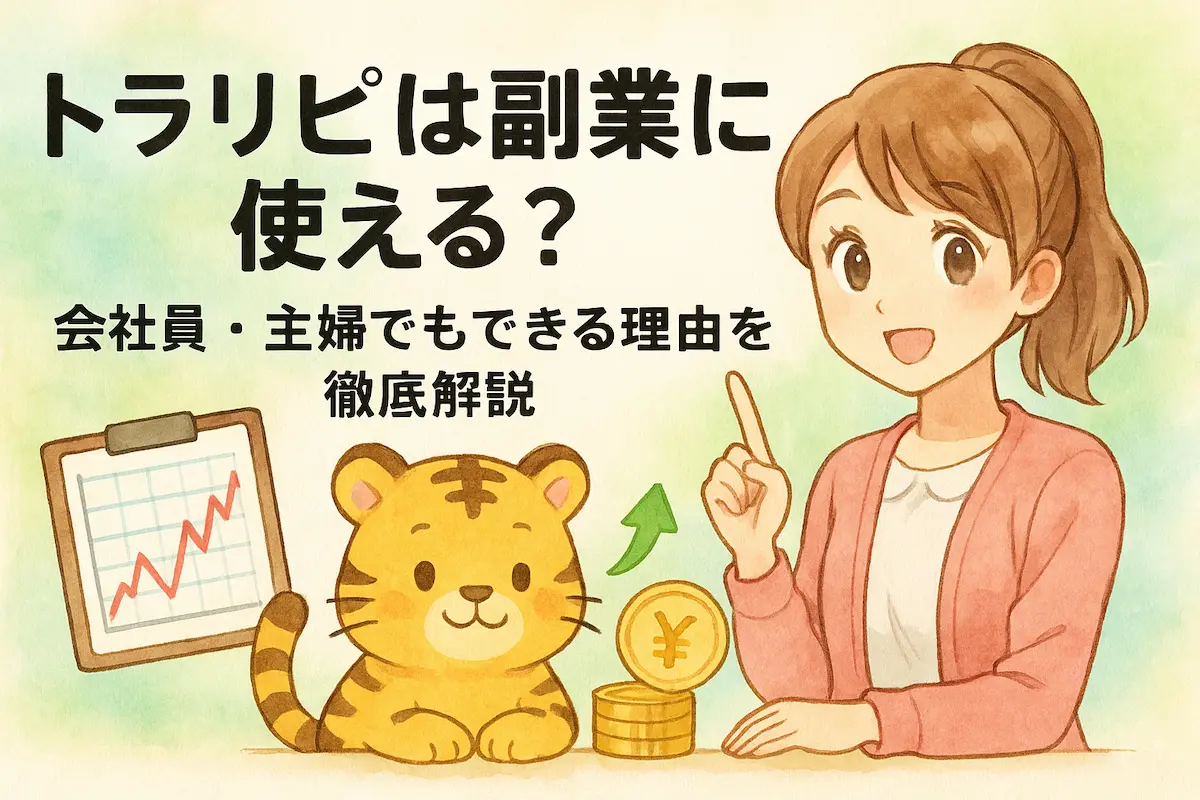 トラリピは副業に使える？会社員・主婦でもできる理由を徹底解説【マネースクエア】の記事のアイキャッチ。可愛い女性とトラのイラスト付き