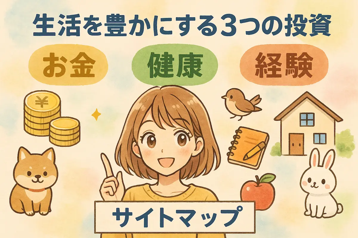 サイトマップ | 【お金】・【健康】・【経験】への「投資」で生活を豊かにする3つの方法のアイキャッチ。可愛い女性と動物達のイラスト付き